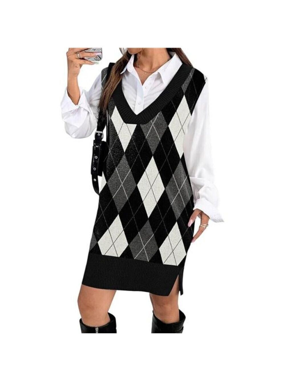 Women's Black Diamond Sweater Vest Dress Oversized Sleeveless Pullover V Neck